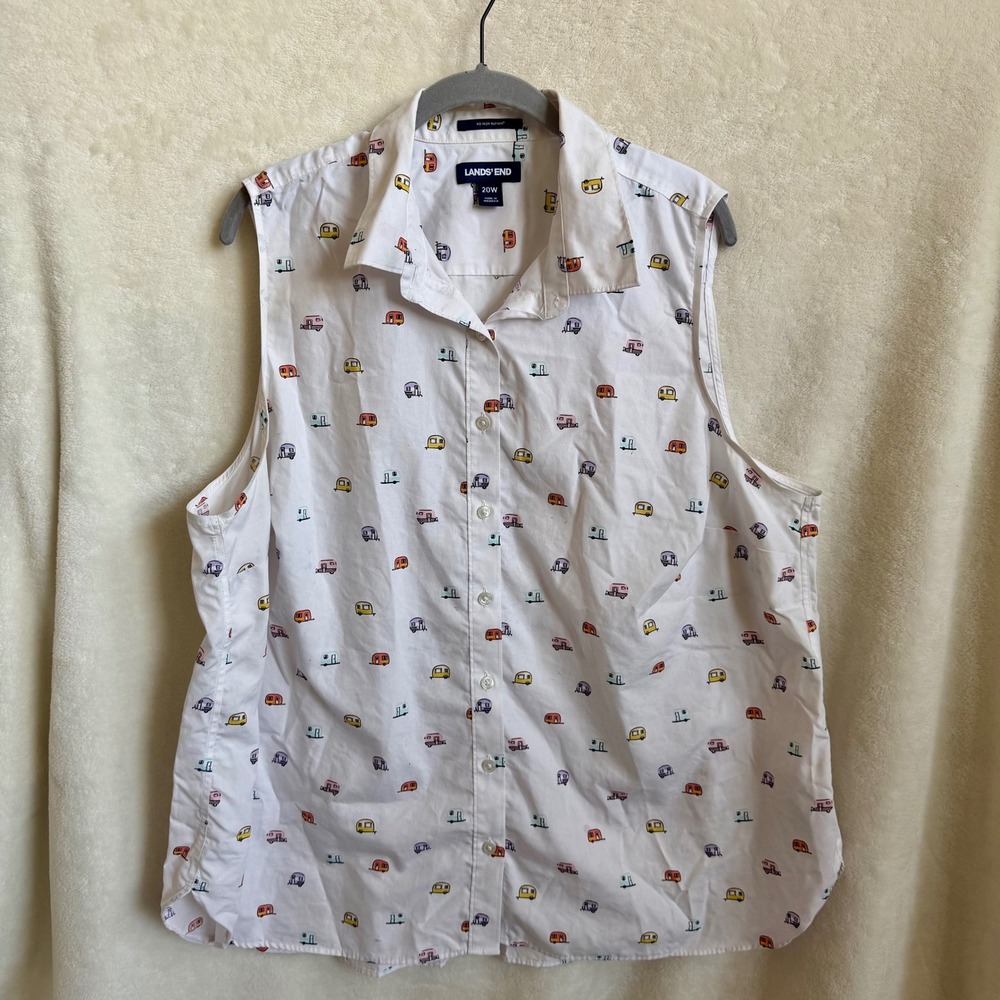 Lands End No Iron Supima Sleeveless Shirt Camper RV Print Plus Sz 20W